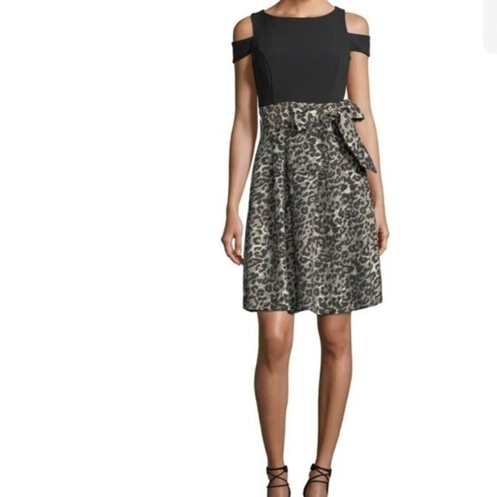 Eliza J Cold-Shoulder Fit & Flare Dress Womens Black Animal Print Size 2